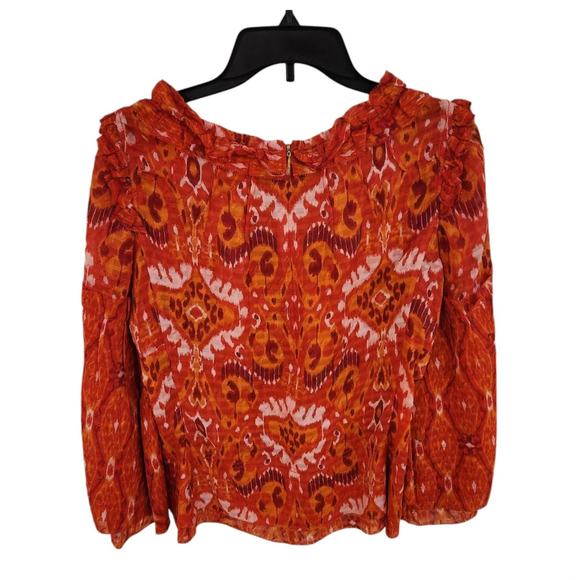 Tory Burch Blouse Silk Blend Size 10 Ruffle Neck Long Flared Sleeves Orange Red - Picture 7 of 13